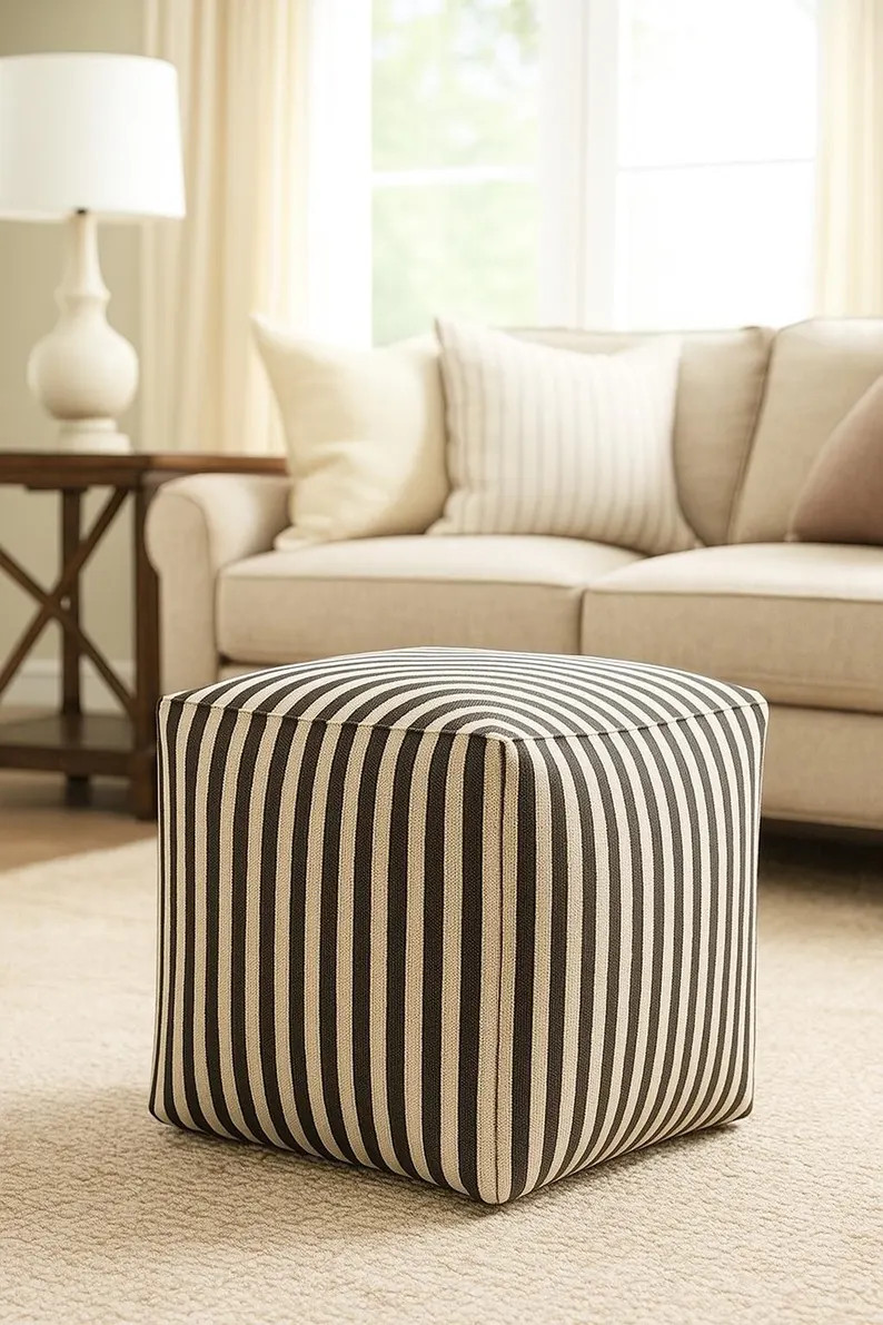 Striped Chestnut Pouf Ottoman: Brown Fall Decor, Handmade Cover - Etsy | Etsy (Global)