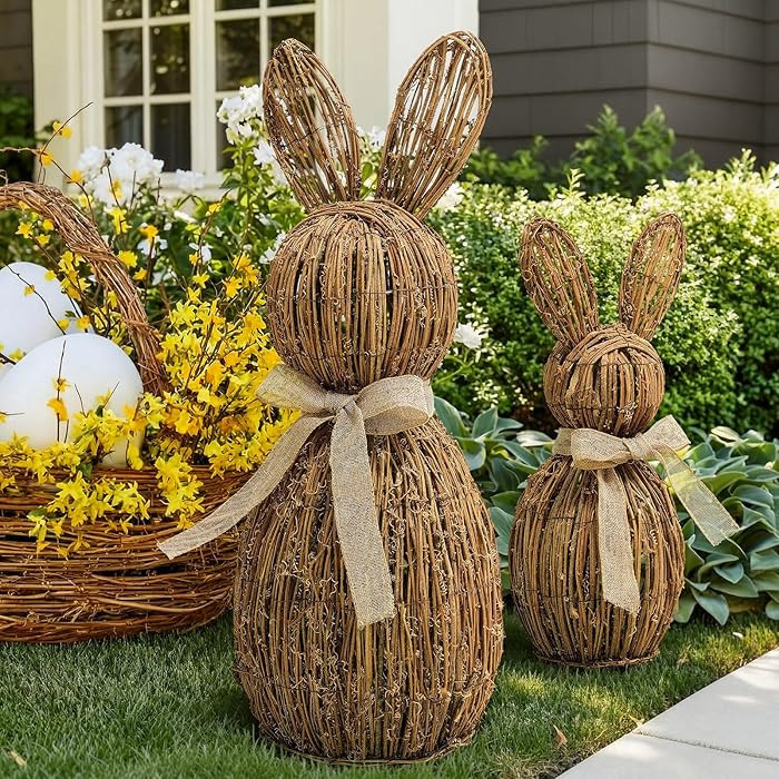 Yerliker 2 Pcs Rattan Woven Easter Bunny Decor Outdoor with Bow 28'' 19'' Farmhouse Rabbit Easter... | Amazon (US)