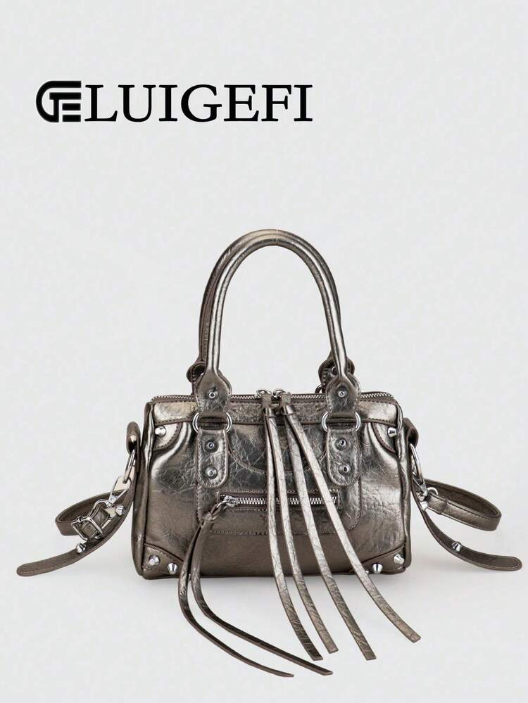 1pc Gunmetal Patchwork Rivet Studded Metal Tassel Zipper Decor Vintage PU Material Strap Rivet St... | SHEIN