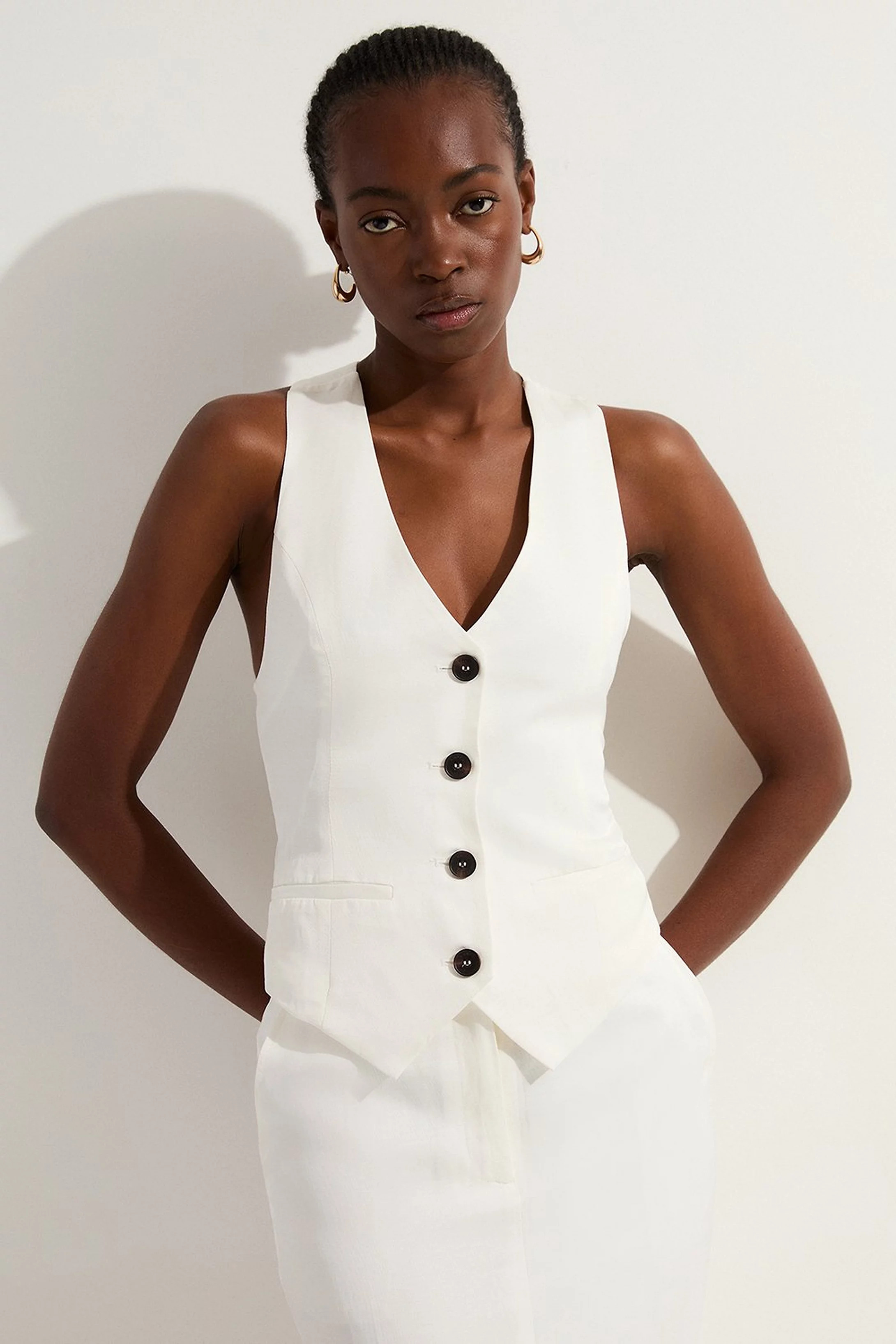 Tailored Viscose Linen Corset Back Detail Waistcoat | Karen Millen | Karen Millen UK + IE + DE + NL