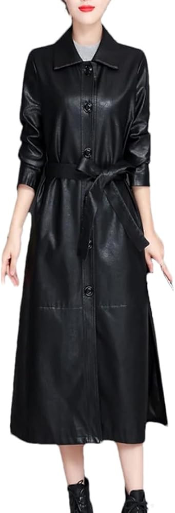 Alloaone Women's Spring Autumn Slim Leather Coat Medium Long Leather Overcoat | Amazon (US)