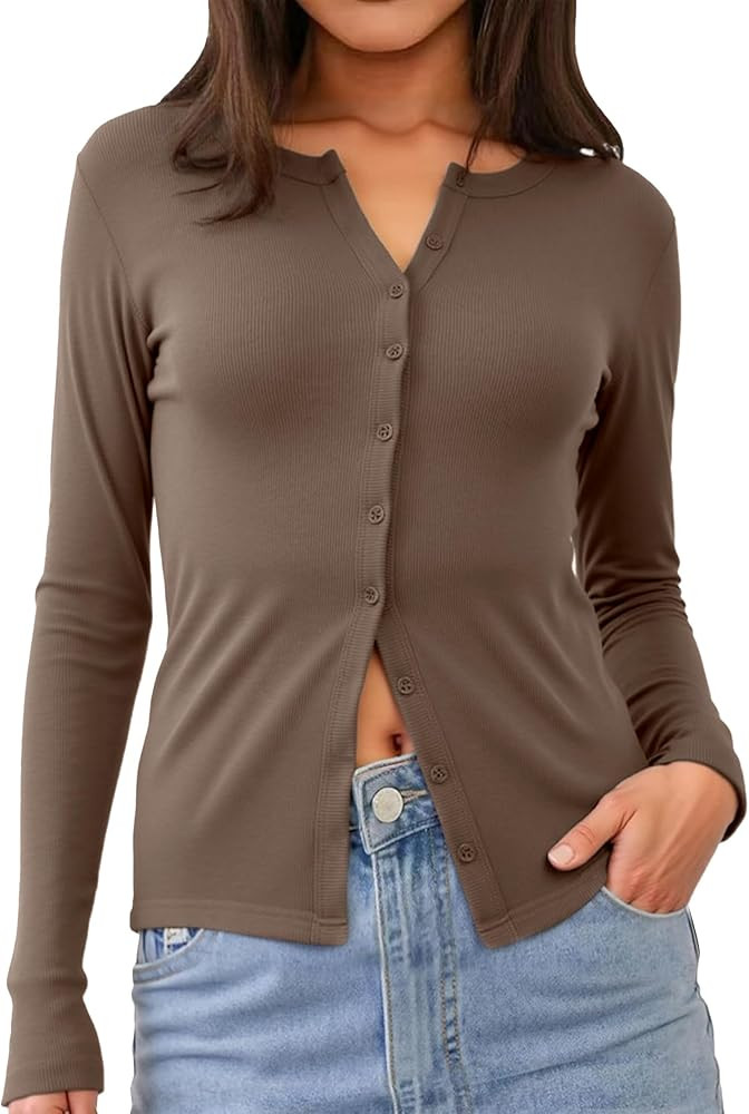 Women Long Sleeve Button Down Lightweight Cardigan Regular Length Ribbed Knit Shirts Basic Tops 2... | Amazon (US)