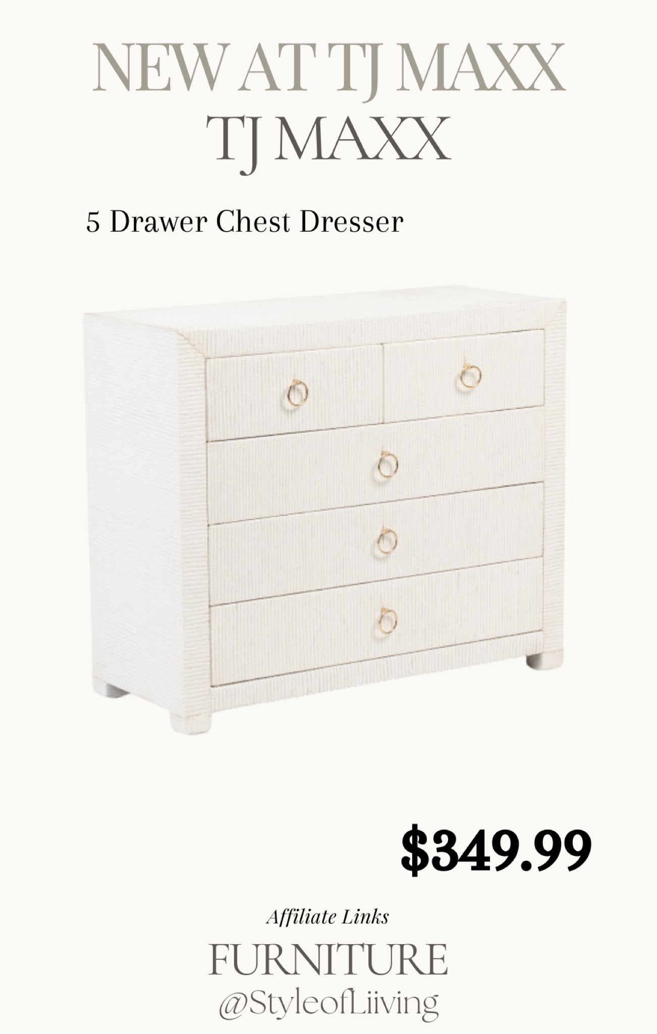 TJ Maxx 5 drawer chest dresser cream. Ribbed design. Bedroom affordable furniture. Gold tone hardware.

#LTKHome #LTKSeasonal #LTKStyleTip