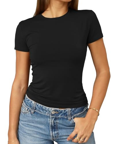 Abardsion Women's Casual Basic Going Out Crop Tops Slim Fit Short Sleeve Crew Neck Tight T Shirts... | Amazon (US)