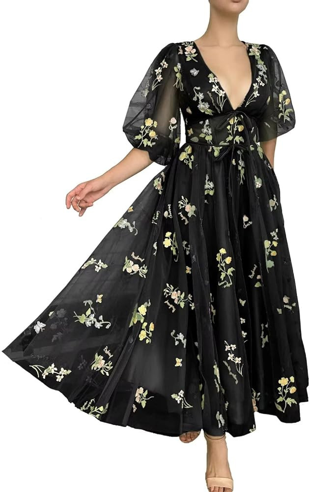 Smileven Women's Puffy Sleeve Prom Dresses Flower Embroidery Tulle Formal Evening Party Gowns | Amazon (US)