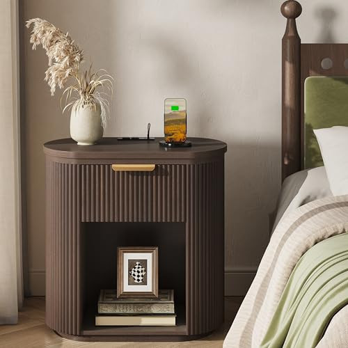 Fluted Nightstand with Charging Station, 23.6" Large Bedside Side Table with Drawer, Wood End Tab... | Amazon (US)