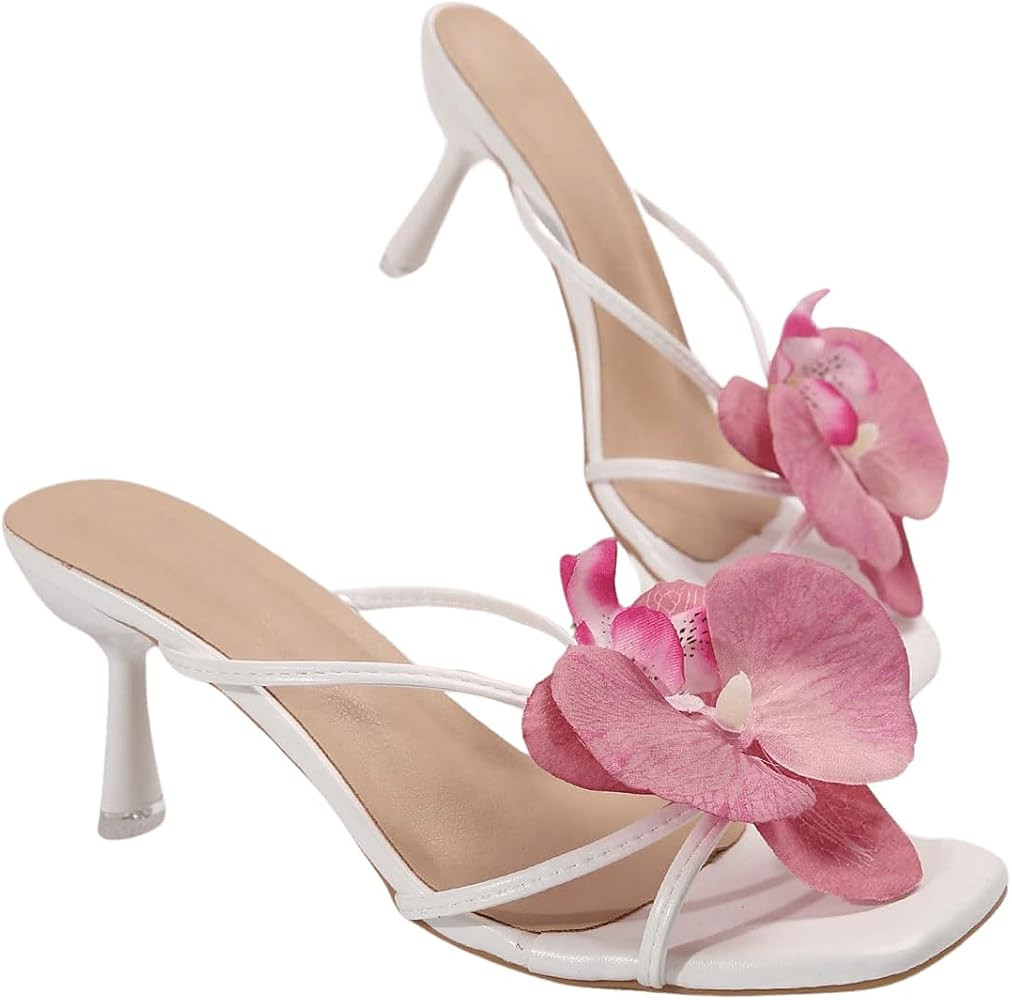 MakeMeChic Women's 3D Flower Square Open Toe Sandals Slip On Slides Summer Pyramid Heels | Amazon (US)