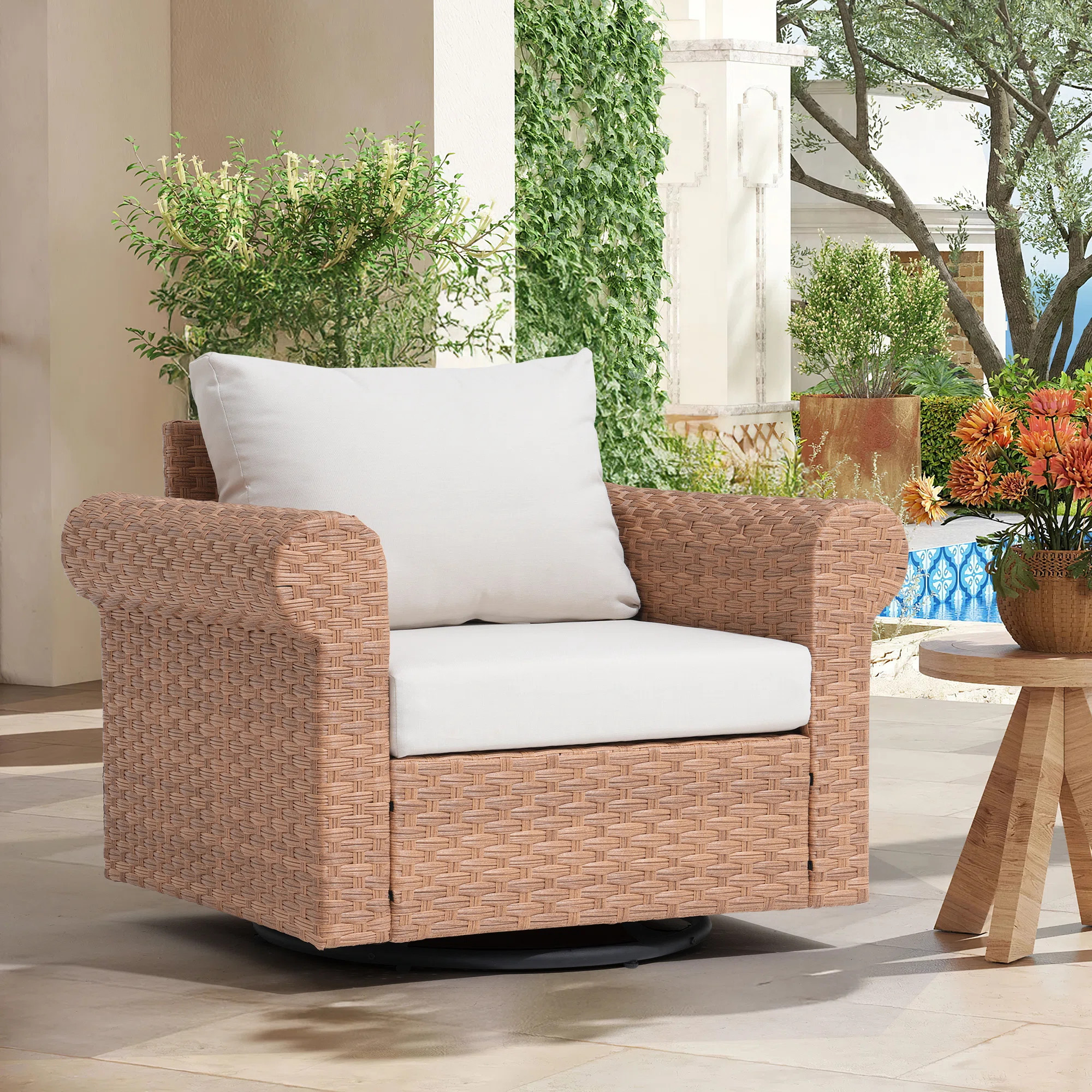 Outdoor Rattan Swivel Patio Chair With Cushions | Wayfair North America