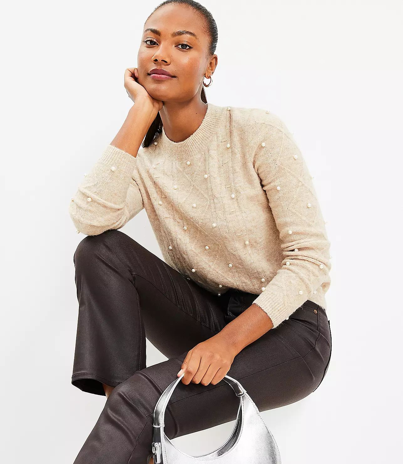 Pearlized Cable Sweater | LOFT