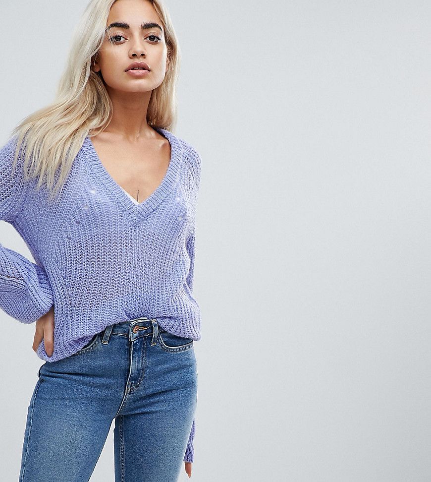 Vero Moda Petite V Neck Sweater With Balloon Sleeve - Blue | ASOS US