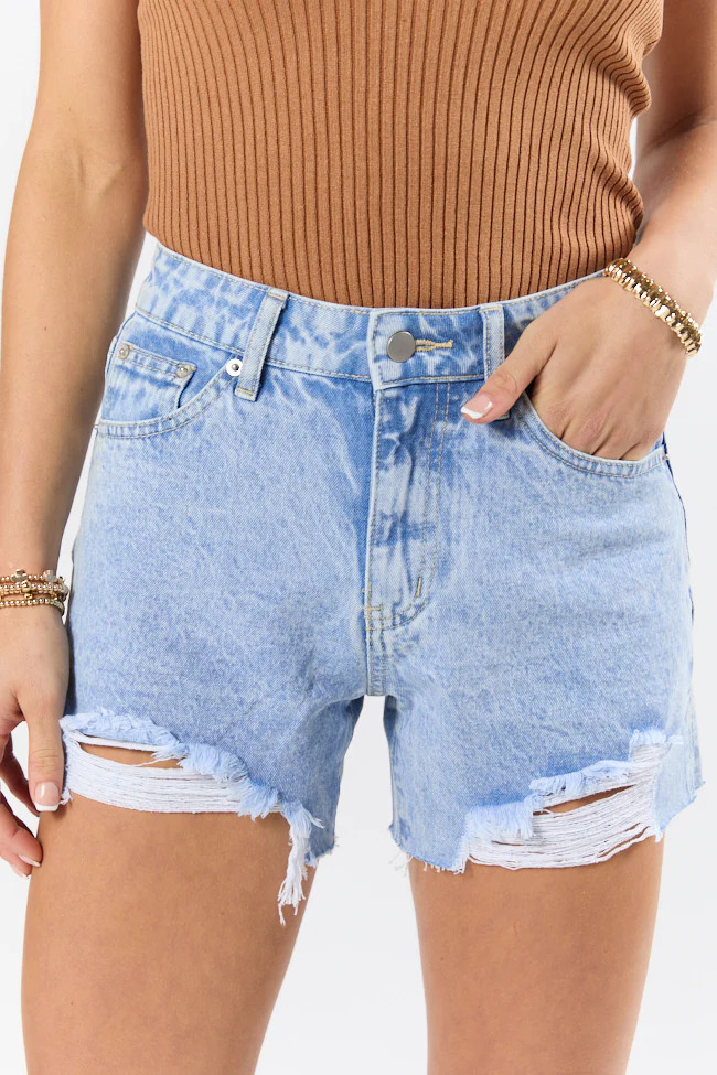 Nights Abroad Light Wash Distressed Denim Shorts | Pink Lily
