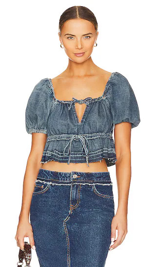 Denim Puff Sleeve Top in Tint Wash | Revolve Clothing (Global)