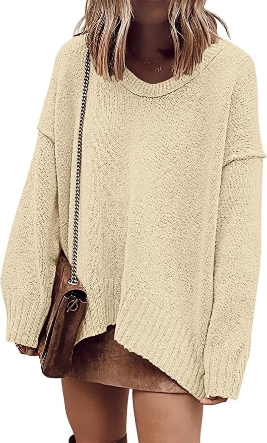 ANRABESS Women’s Casual Long Sleeve V Neck Off Shoulder Loose Baggy Comfy Knit Pullover Sweater... | Amazon (US)