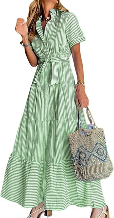 utcoco Womens Casual Short Sleeve Button Down Tie Waist Ruffled Striped Maxi Shirt Dress | Amazon (US)