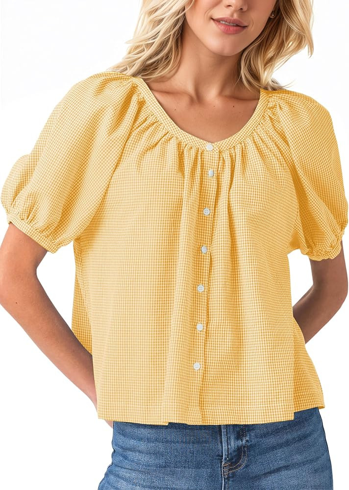 MISSACTIVER Plaid Puff Short Sleeve Shirts Women Button Down Crew Neck Babydoll Tops Summer Flowy... | Amazon (US)