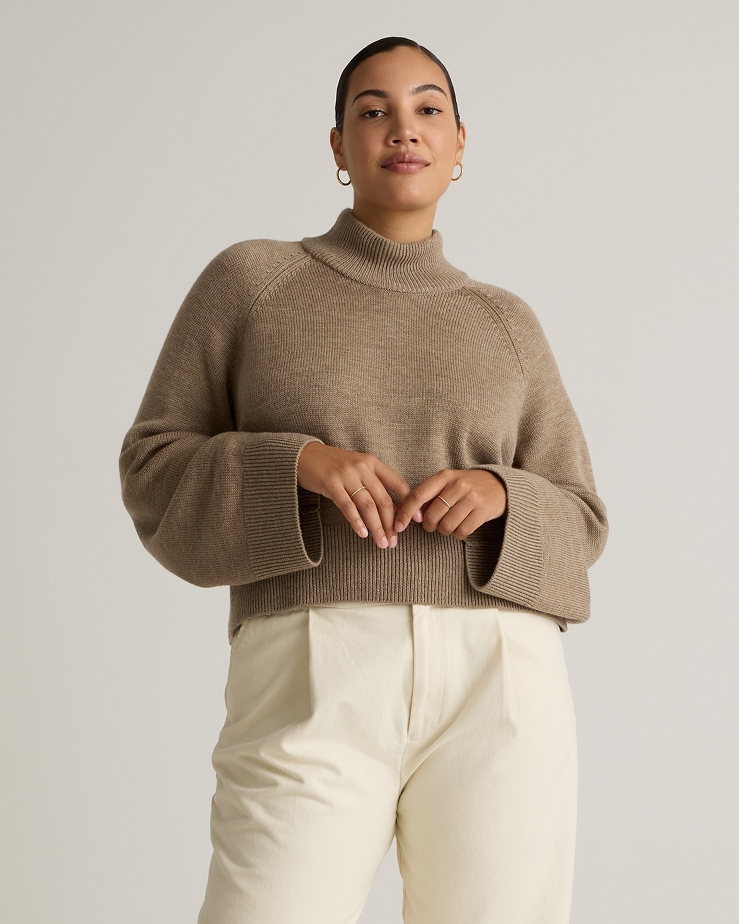 Quince | Women's Australian Merino Wool Cropped Mock Neck Sweater in Malted Toffee, Size XS | Quince