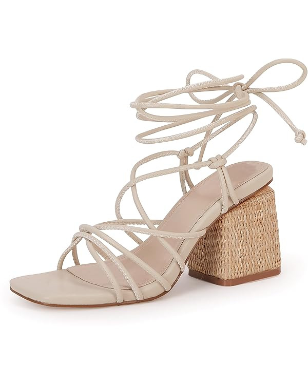 PiePieBuy Women's Lace Up Chunky Braided Heel Sandals Square Toe Strappy Ankle Strap Heels | Amazon (US)