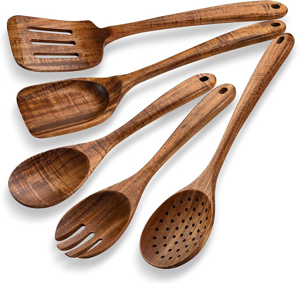 Kitchen Wooden Spoons Utensils Set for Cooking, 5 Piece Acacia Wood Spoon Cooking Utensils Apartm... | Amazon (US)