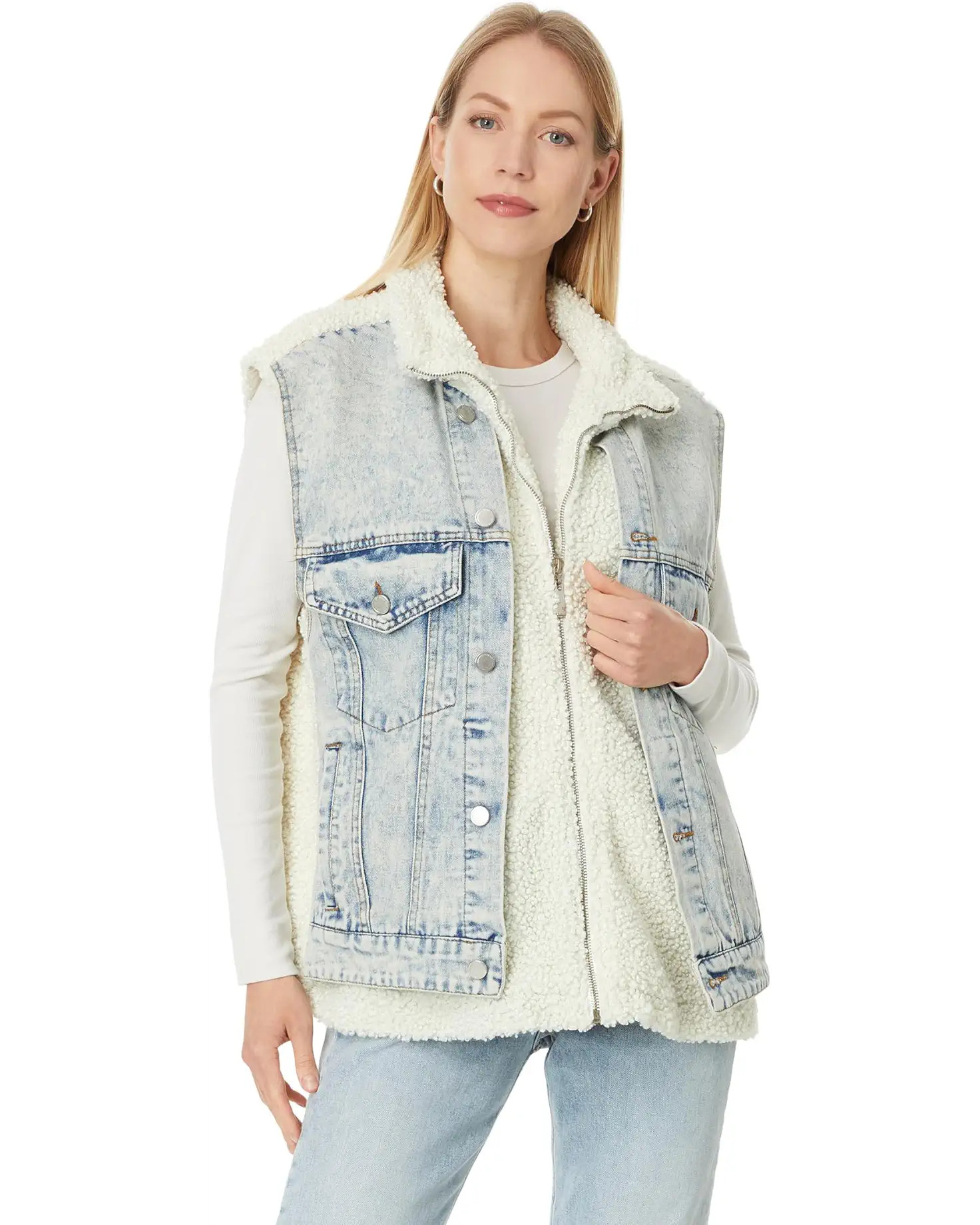 Light Wash Denim Trucker Vest w/ Faux Sherpa Detail in Snow Bank | Zappos