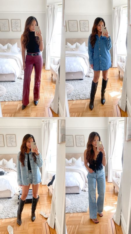 Outfits I packed for Nashville 🤠 pulled most of these together from what I had in my closet! 

Sizing: 
Leather pants - tts, 0
Denim dress - tts, xs (runs short)
Denim shorts - tts, 25
Lace cami - they were sold out of my size so I did a small and it fits! I think it’s more true to size 
Denim shirt jacket - tts, oversized fit, XS
Tank - tts, xs
Boots - true to size
Booties - sized up 1/2
Heels - sized up 1/2