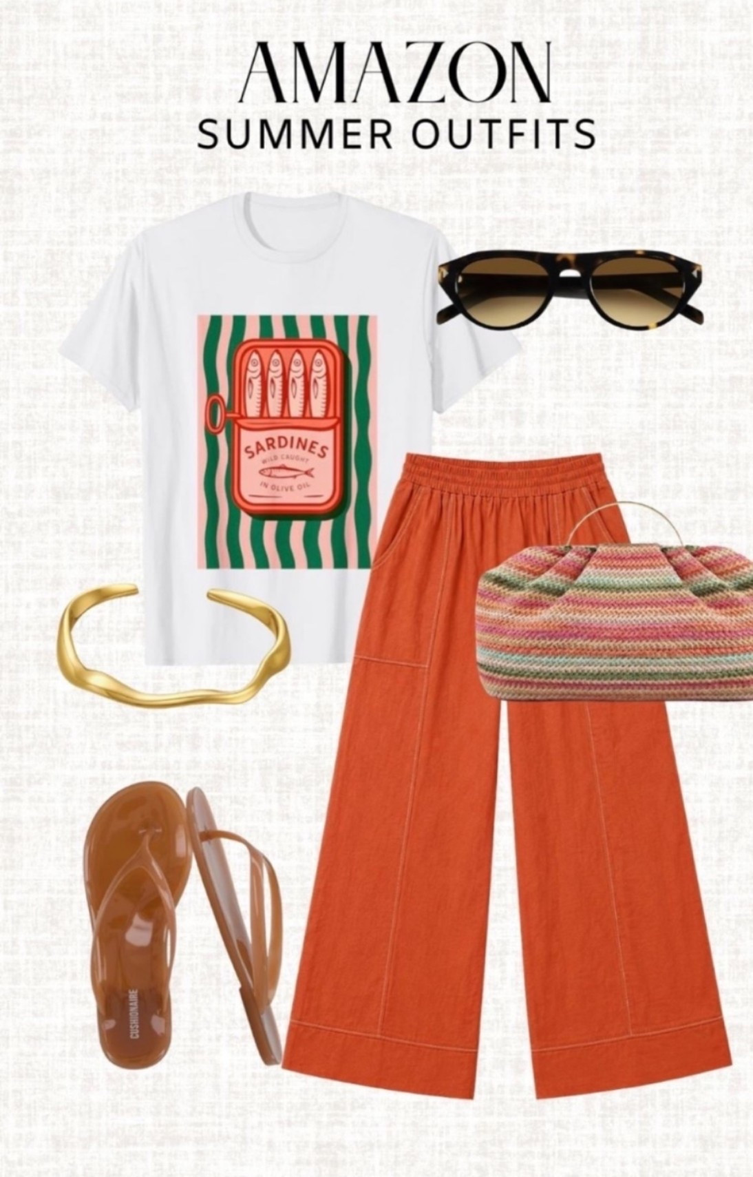 Amazon summer outfit you’ll live in ☀️

Amazon summer outfit, Amazon graphic tee, sardine graphic tee, Amazon linen pants, wide leg pants, orange linen pants, summer outfit, casual vacation outfit, beach vacation style, woven clutch, tortoise sunglasses, gold cuff bracelet, jelly flip flops, coastal style, European summer outfit, effortless style, resort wear, travel outfit, Amazon fashion finds, casual chic outfit

#LTKTravel #LTKMidsize #LTKootd