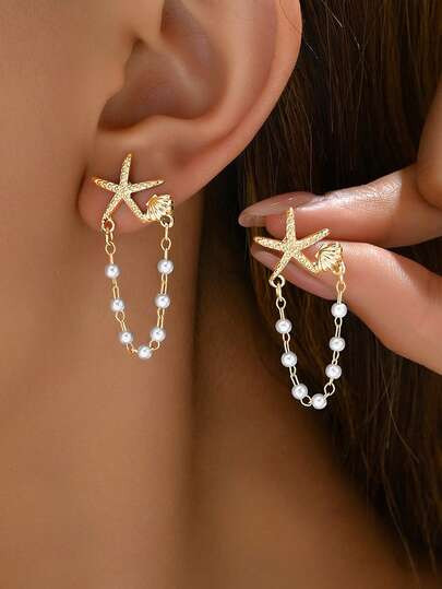 1 Pair Delicate Women Earrings With Random Pearl, Shell & Star Design,Unique Earrings Suitable For Party, Gifts, Everyday Wear - Size one-size | SHEIN