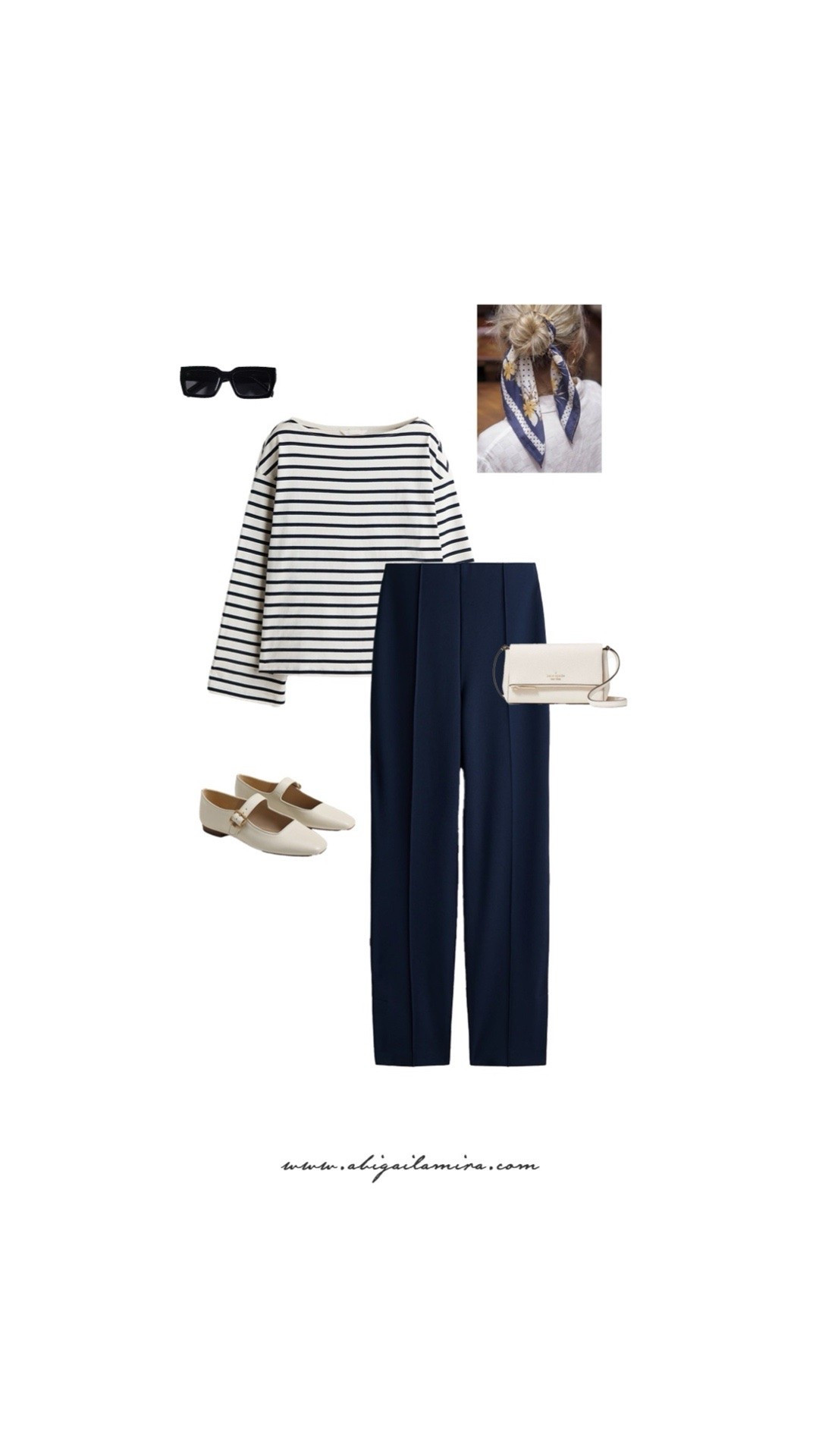 WHAT I'M WEARING WEDNESDAY 07/29/2026
This outfit gives classic nautical style a polished, feminine update. The striped boatneck top and tailored navy trousers create a timeless foundation, while ivory Mary Janes and a petite crossbody bag soften the look. Finished with bold sunglasses and a printed scarf tied into a relaxed bun, it feels effortlessly chic for workdays, lunches, or strolling through the city. See the full post on the blog.

#LTKstyletip #LTKsummer
