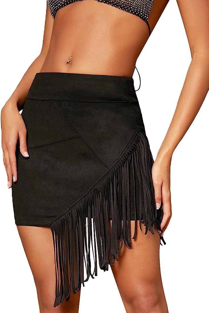 Milumia Women's Boho Fringe Hem Mini Skirt High Waisted Asymmetrical Short Skirts | Amazon (US)