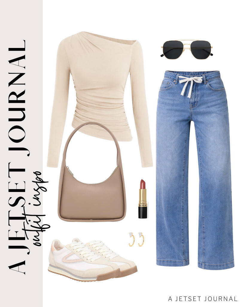 Let's start with a beige off-the-shoulder top, paired with Sidefeel drawstring wide-leg jeans. It looks fresh and sophisticated, especially with a good pair of gold huggie half-hoop earrings and SOJOS aviator sunglasses. 

 #LTKSeasonal #LTKSaleAlert #LTKTravel