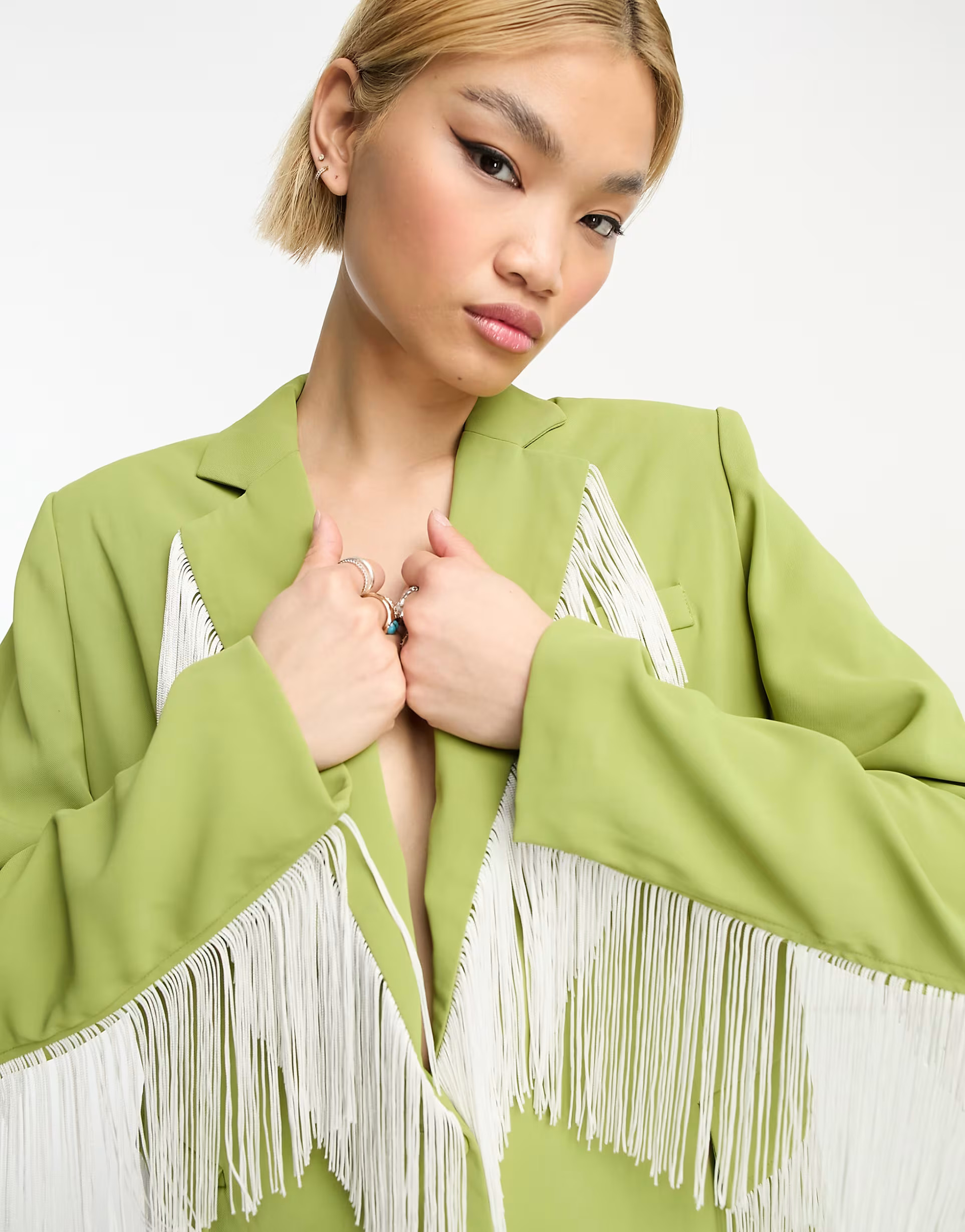 Extro & Vert relaxed blazer with fringe in green & white co-ord | ASOS (Global)