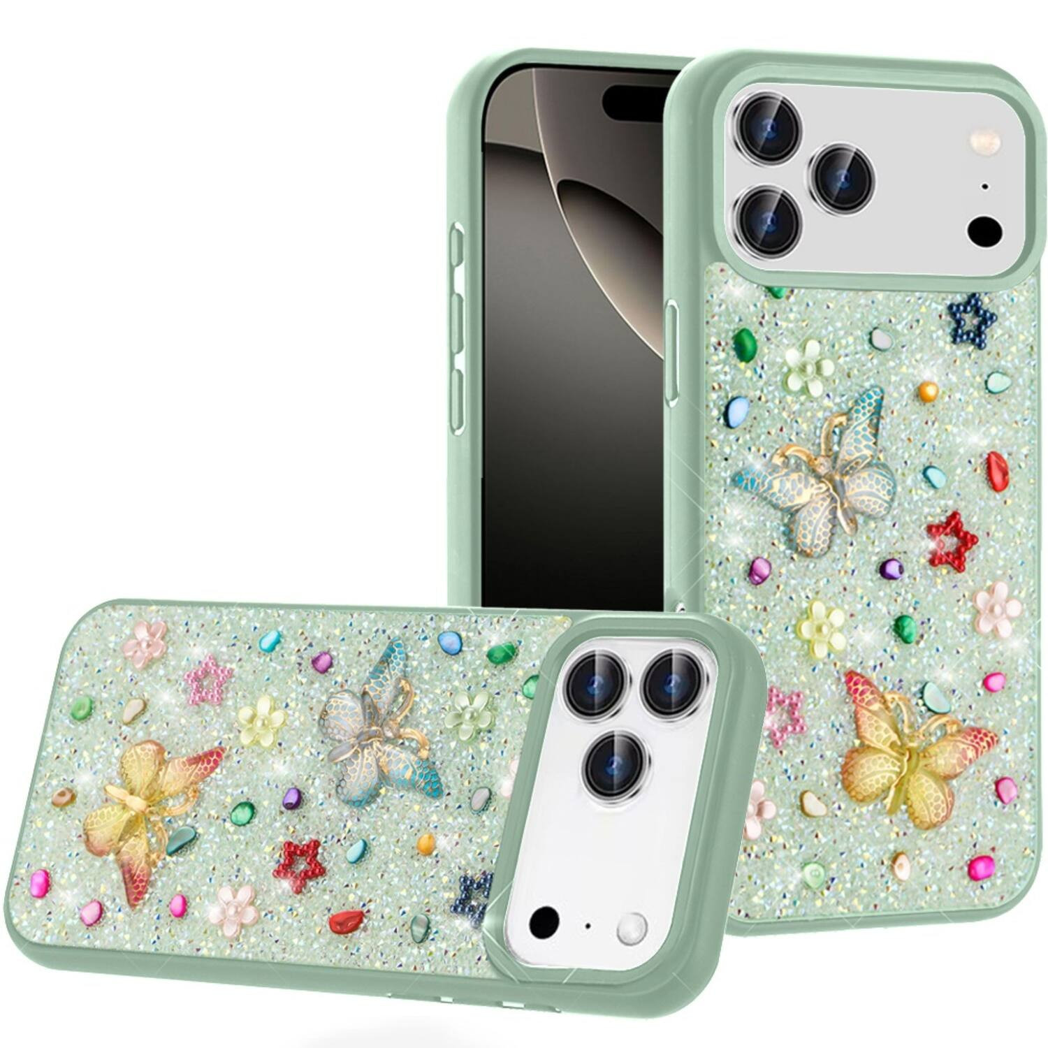 Kitcheniva - 3D Jewel Glitter Butterfly Design Phone Case With Tempered Glass For iPhone 17 Pro - Teal | Best Buy U.S.