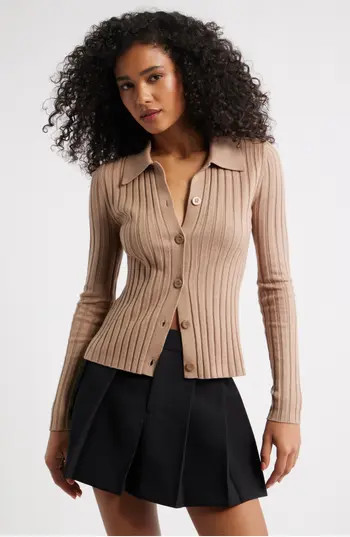 Open Edit Collared Rib Cardigan in Tan Portabella at Nordstrom Rack, Size Large | Nordstrom Rack