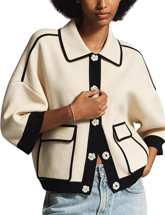 MINSURE Women 3/4 Sleeve Collared Contrast Knit Cardigan Jacket with Flap Pockets | Amazon (US)