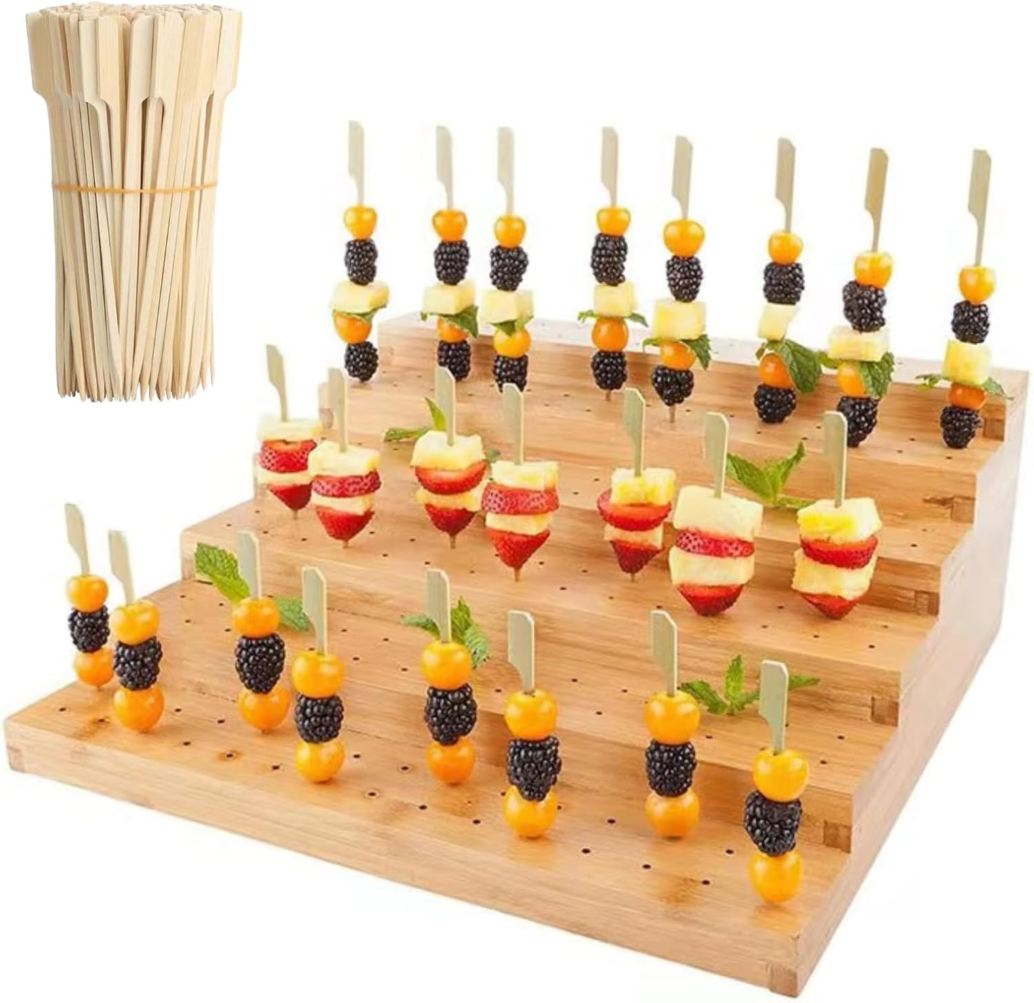 Bangminda 5-Tier Wooden Food Skewer Holder with 100 Bamboo Sticks, Party Skewers Tray, Food Display Stands for Party, Buffet, Cocktail and Catering | Amazon (US)