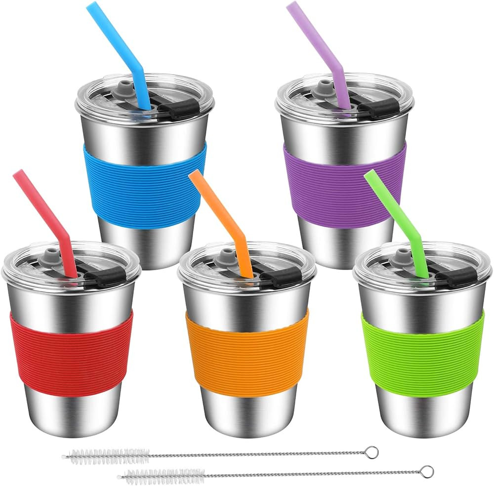 ShineMe Kids Cups with Straws and Lids, 12oz Kids Metal Drinking Glasses with Spill Proof Lids & ... | Amazon (US)