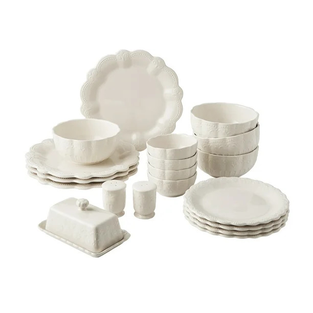 The Pioneer Woman 20-Piece Ceramic Toni Dinnerware Set, Linen - Walmart.com | Walmart (US)