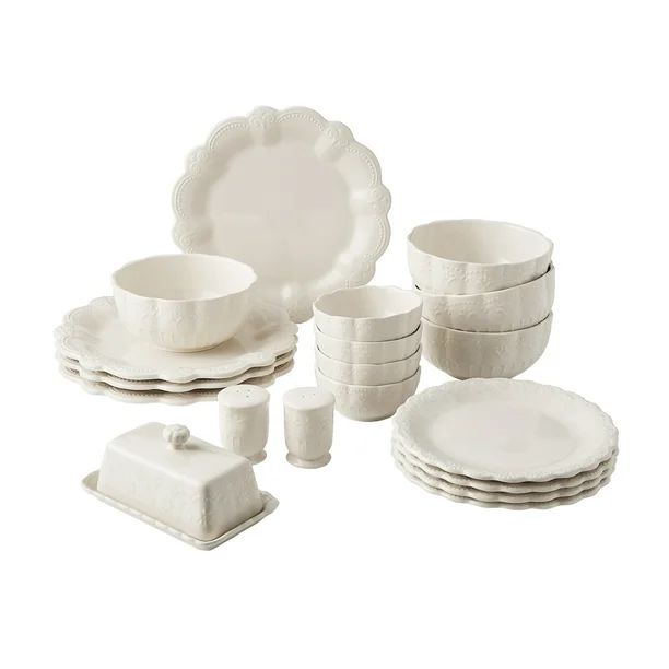 The Pioneer Woman 20-Piece Ceramic Toni Dinnerware Set, Linen | Walmart (US)