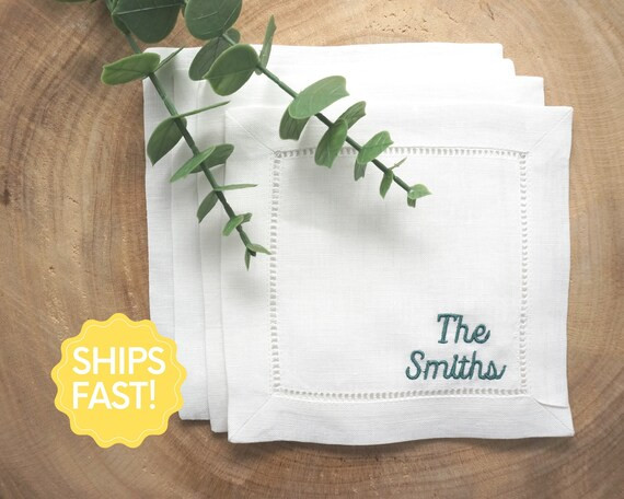 SHIPS FAST! Minimalist Personalized Linen Cocktail Napkins with Custom Embroidery, The Perfect We... | Etsy (US)