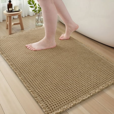 SIXHOME Bathroom Rugs Waffle Bath Rug Super Soft Absorbent Non Slip Bath Mat Beside Tub Rubber Backed Machine Washable Bathroom Rugs with Tassels Boho Bathroom Decor 18" x 30" Brown | Walmart (US)