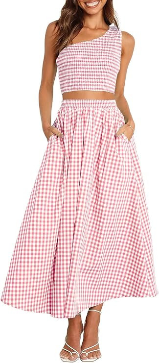 ANRABESS Women's 2 Pieces Outfits One Shoulder Smocked Crop Top & High Waist Long Skirt Dress Set... | Amazon (US)