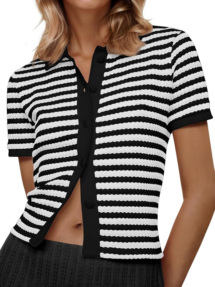 Saodimallsu Womens Striped Short Sleeve Sweater Tops Polo Collared Button Crochet Summer Cropped ... | Amazon (US)