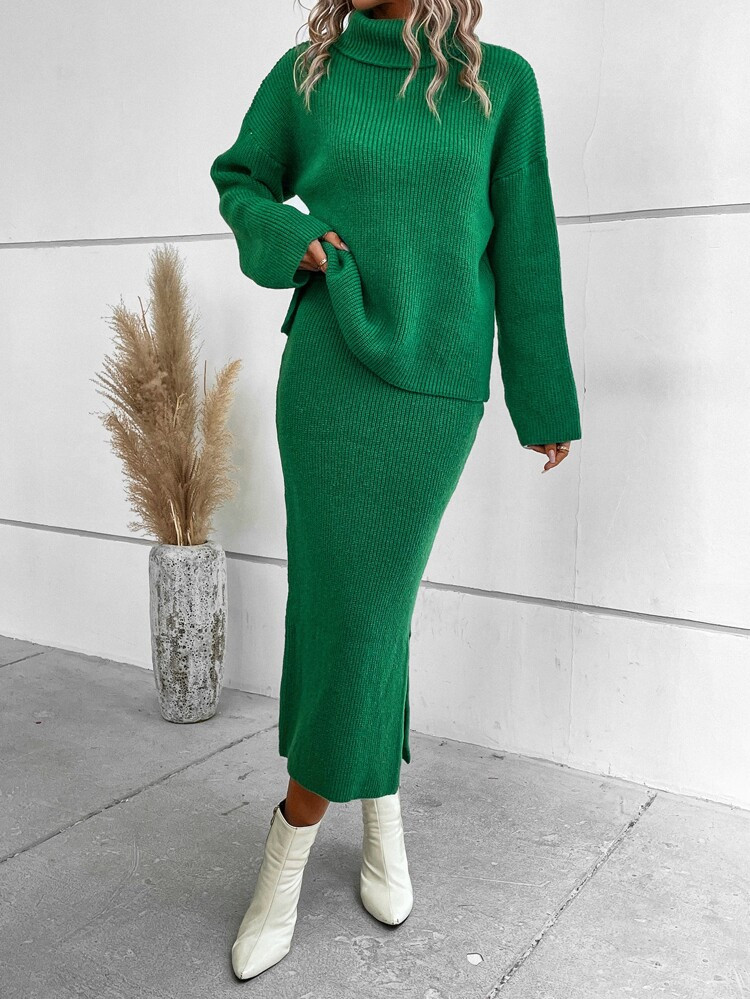 Turtleneck Drop Shoulder Sweater & Split Hem Knit Skirt Without Belt | SHEIN