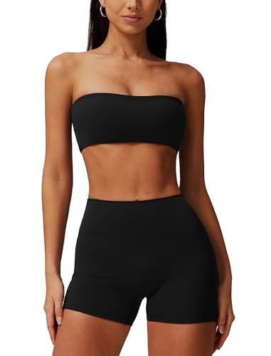 ABOCIW Workout Sets for Women 2 Piece Micro Bandeau Bralette Sports Bra Scrunch Butt Lifting High Waist Shorts Matching Gym Sets Black 0-2 | Amazon (US)
