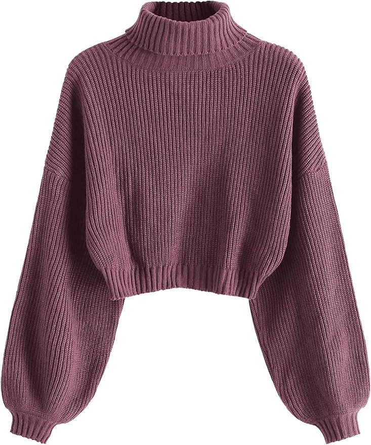 ZAFUL Women's Cropped Turtleneck Sweater Lantern Sleeve Ribbed Knit Pullover Sweater Jumper | Amazon (US)