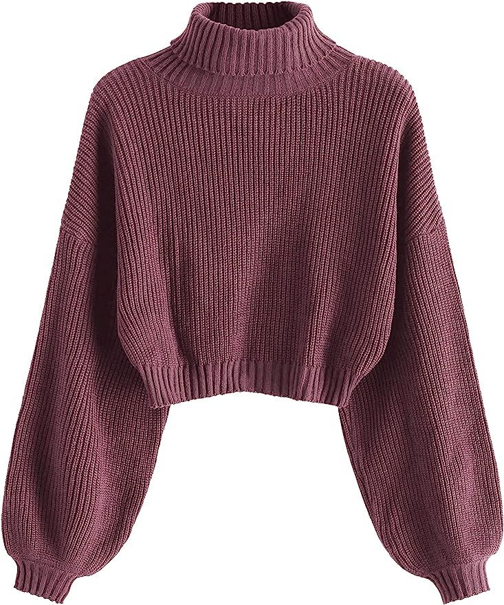 ZAFUL Women's Cropped Turtleneck Sweater Lantern Sleeve Ribbed Knit Pullover Sweater Jumper | Amazon (US)