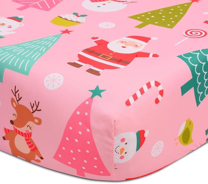 Cloele Christmas Crib Sheet Santa Fitted Sheet for Girls - Pink Animal Baby Nursery Sheet Cozy Be... | Amazon (US)