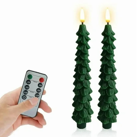 2 Pack Christmas Tree Candles with Remote, 10 Inch Real Wax flameless Taper Candles, LED Candles Battery Operated with 3D Flickering Flame, Evergreen Candlesticks Christmas Decor | Walmart (US)
