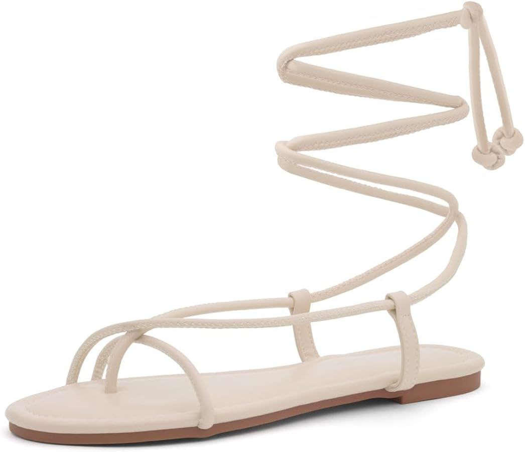 Shoe Land Womens SL-Auday Lace Up Flat Sandals Open Toe Wrap Ankle Strap Shoes | Amazon (US)