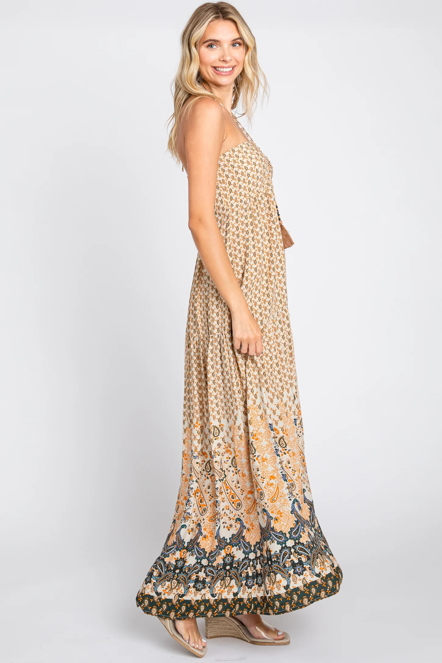 Beige Floral Paisley Halter Maxi Dress | PinkBlush Maternity