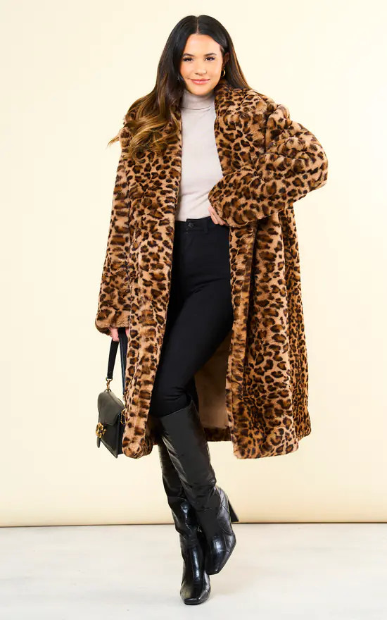 Brown Leopard Double Breasted Longline Fur Coat | SilkFred